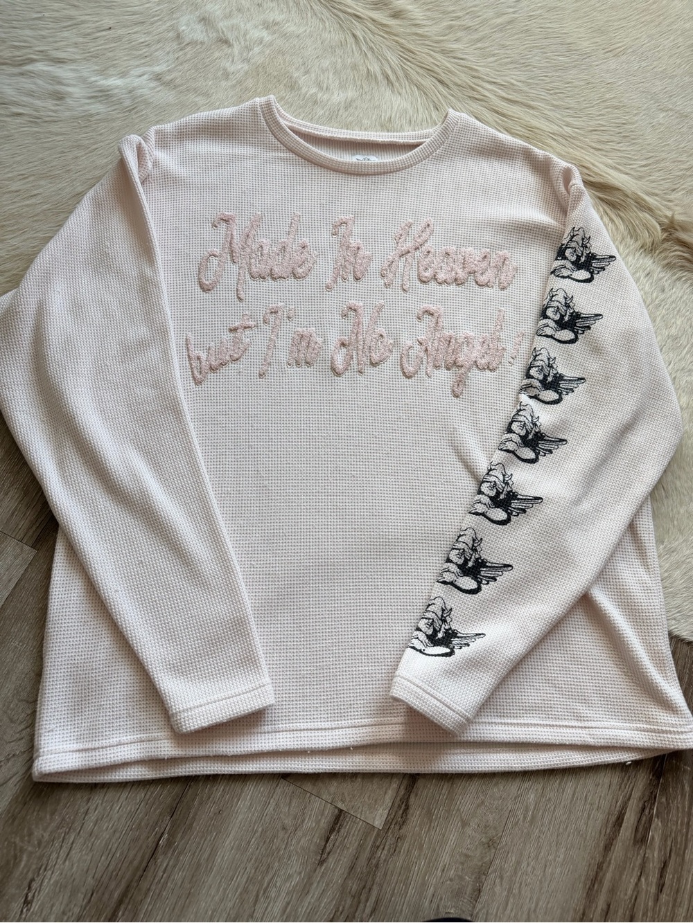 Boys Lie Cream Waffle-Knit Thermal Top with Angel Logo